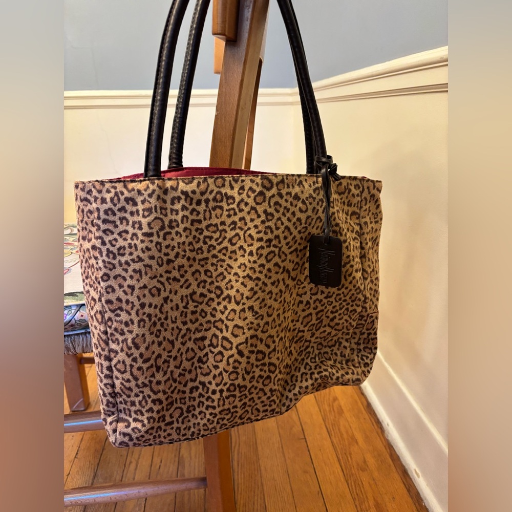 Trendy Neiman Marcus Leopard Print Tote with Red Lining